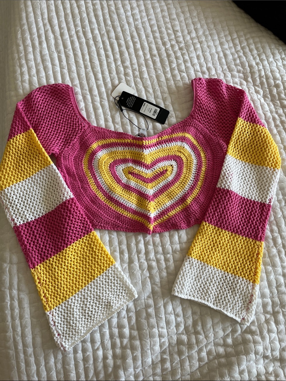 Fashion Nova Pink, Yellow & White Heart Cropped Knit Off-Shoulder Sweater